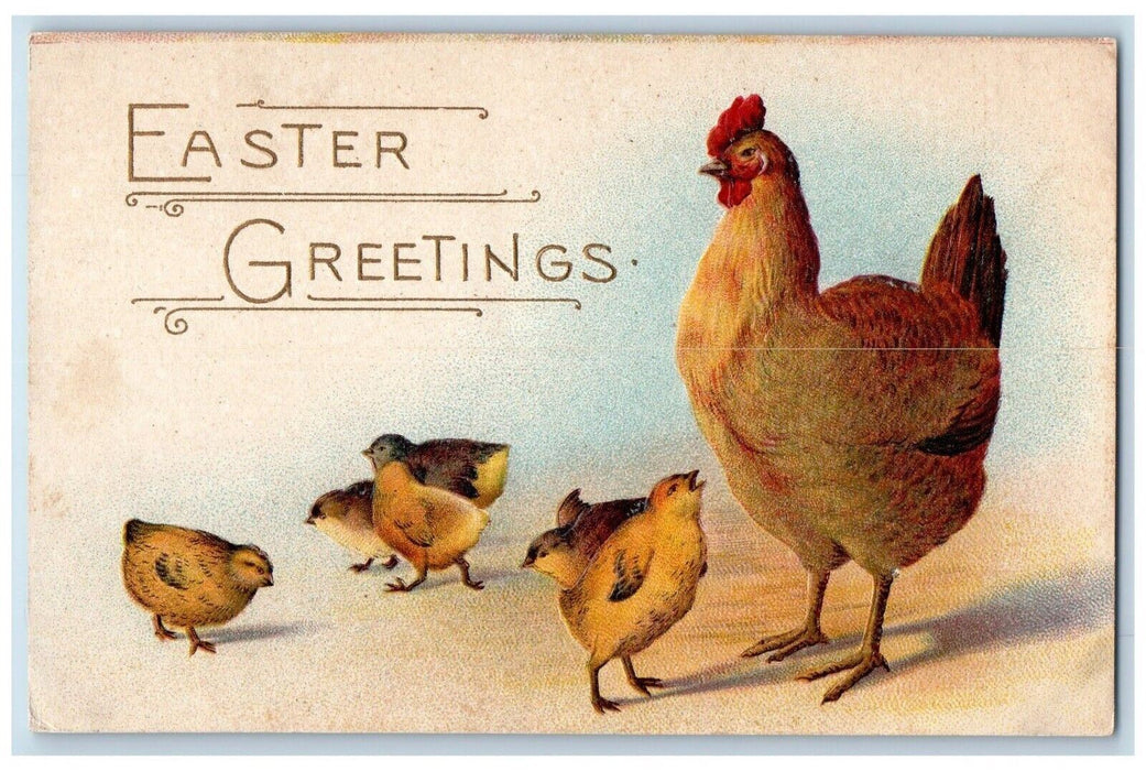 c1910's Easter Greetings Chicken Hen Chicks Embossed Posted Antique Postcard