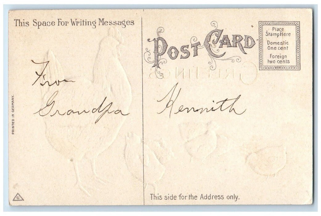c1910's Easter Greetings Chicken Hen Chicks Embossed Posted Antique Postcard