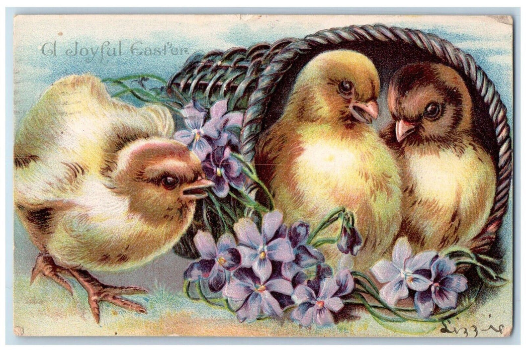 1907 Easter Chicks In Basket Pansies Flowers Clapsaddle Embossed Posted Postcard