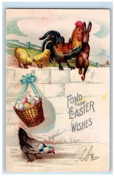 1907 Easter Wishes Rooster Chicken Chics Basket Eggs Clapsaddle Antique Postcard