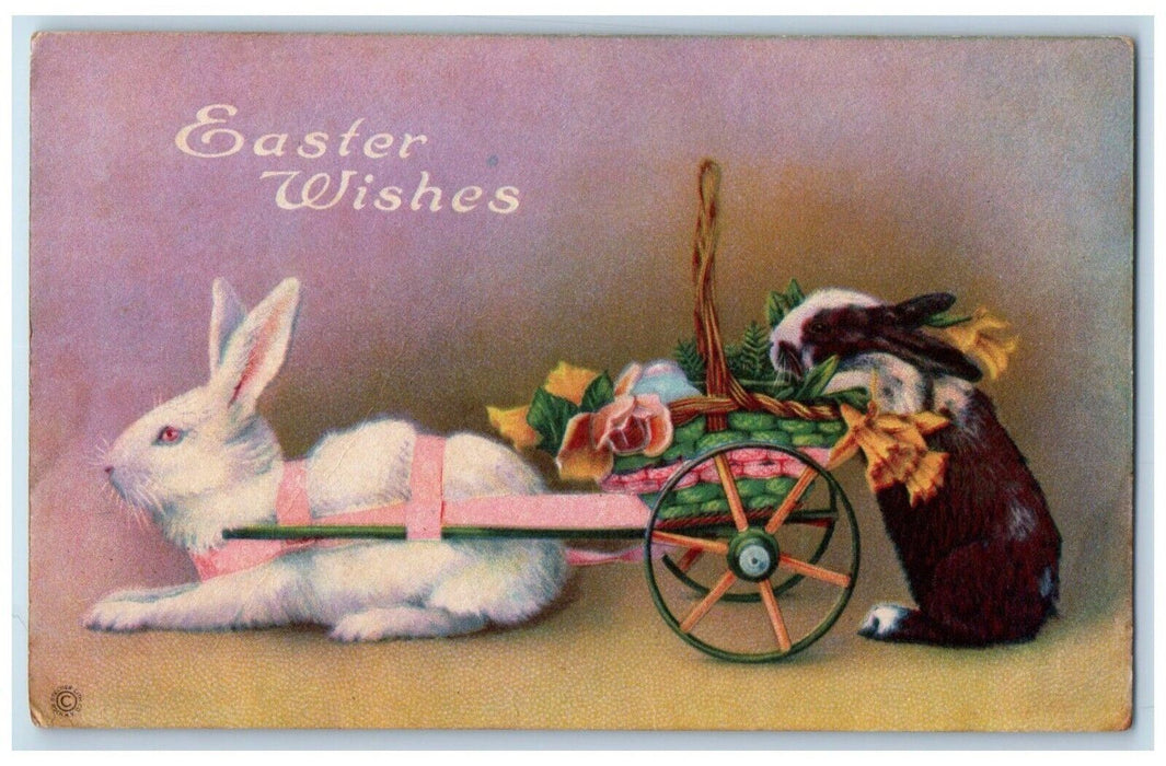 c1910's Easter Wishes Bunny Rabbit Pulling Cart Basket Flowers Antique Postcard