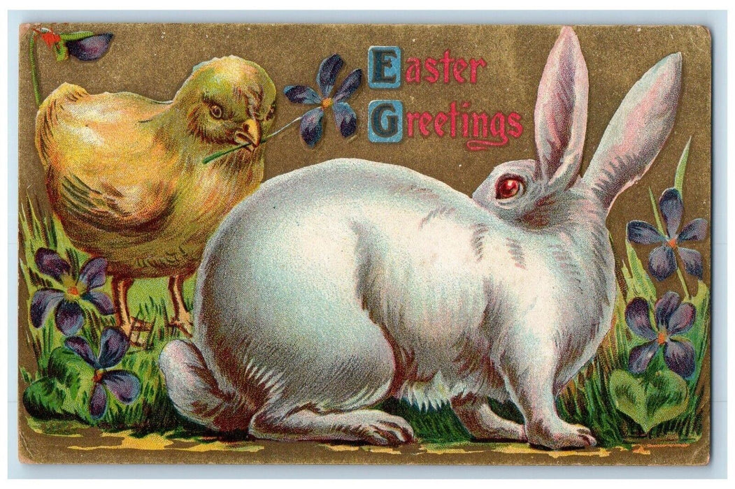 c1910's Easter Greetings Bunny Rabbit Chick Pansies Flowers Embossed Postcard