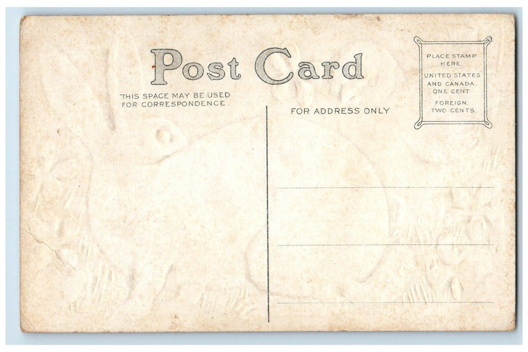c1910's Easter Greetings Bunny Rabbit Chick Pansies Flowers Embossed Postcard