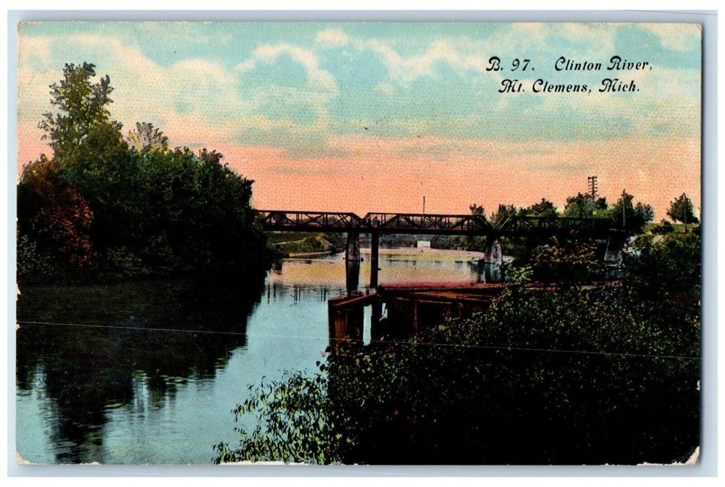1913 Clinton River Bridge River Mt Clemens Michigan MI Vintage Antique Postcard