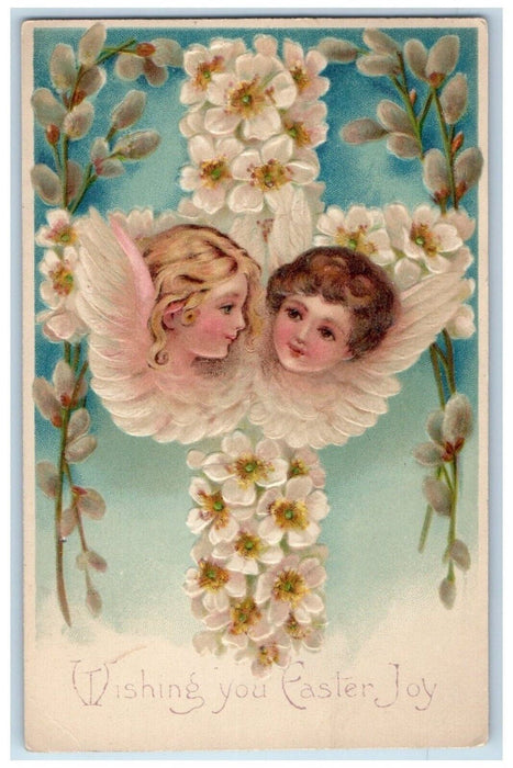 c1910's Easter Holly Cross Angel White Flowers Embossed Antique Postcard