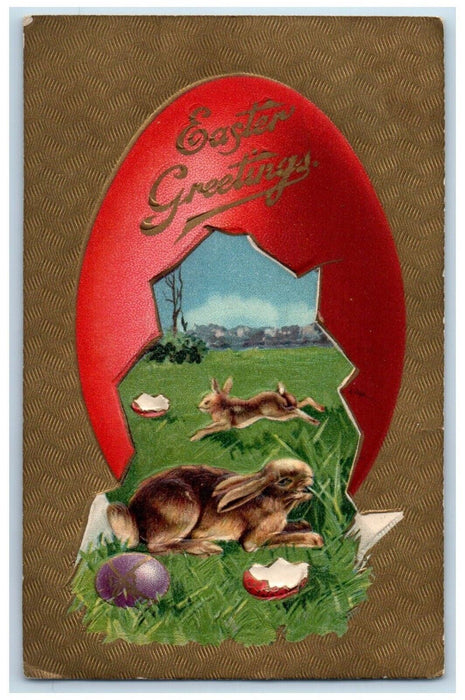 1910 Easter Greetings Hatched Eggs Bunny Rabbit Embossed Antique Postcard
