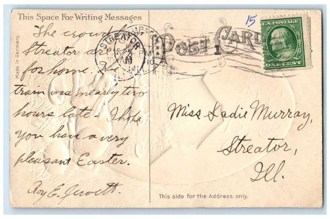 1910 Easter Greetings Hatched Eggs Bunny Rabbit Embossed Antique Postcard
