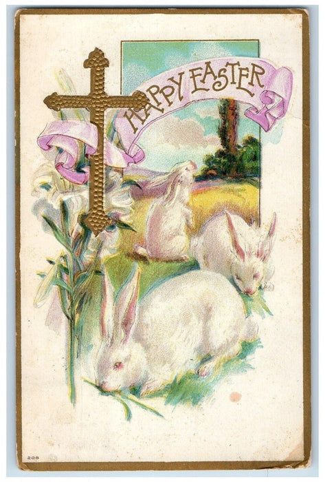 1909 Easter Holly Gold Cross Bunny Rabbits Embossed Lew Beach NY Postcard