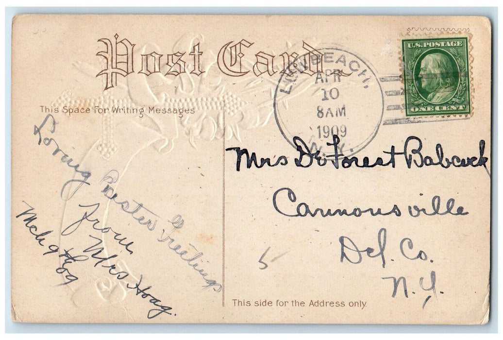 1909 Easter Holly Gold Cross Bunny Rabbits Embossed Lew Beach NY Postcard