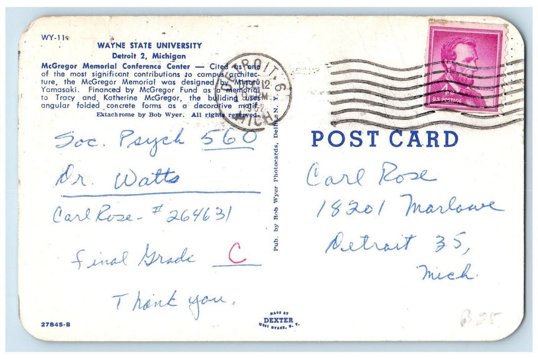 1962 Wayne State University McGregor Memorial Center Detroit  Michigan Postcard
