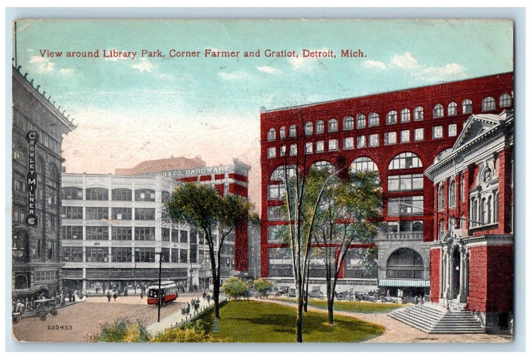 1916 View Library Park Corner Farmer Gratiot Trolley Detroit Michigan Postcard