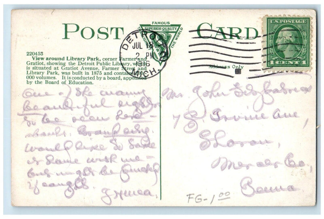 1916 View Library Park Corner Farmer Gratiot Trolley Detroit Michigan Postcard