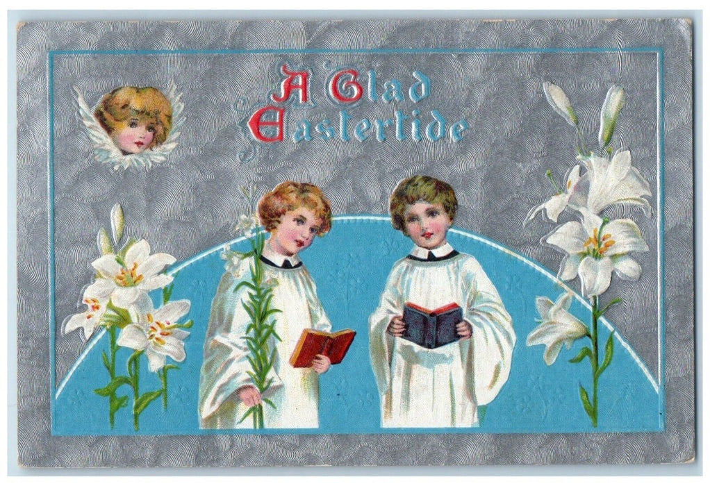 1910 Easter Boys Priest White Lily Flowers Angel Head Bloomville NY Postcard