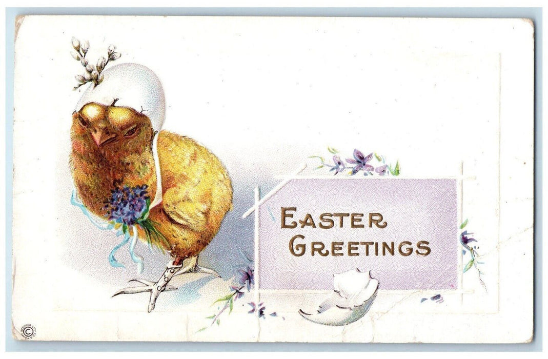 1916 Easter Greetings Hatched Egg Chick Pansies Flowers DPO Thurman NY Postcard