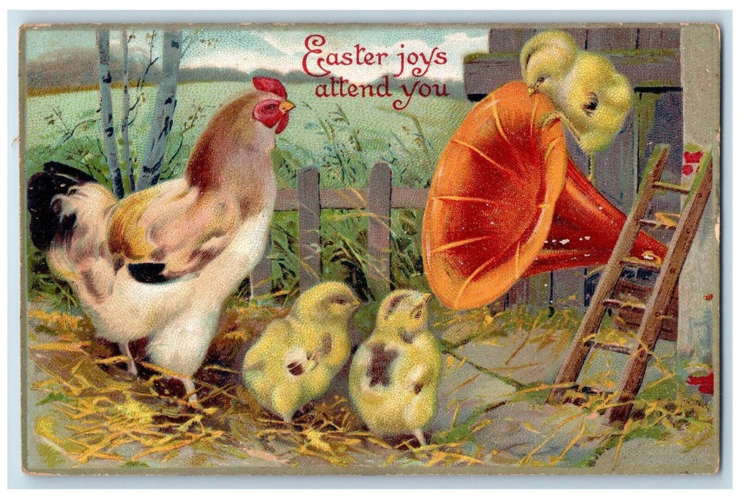 c1910's Easter Chicken Hen Chicks Gramaphone Embossed Posted Antique Postcard