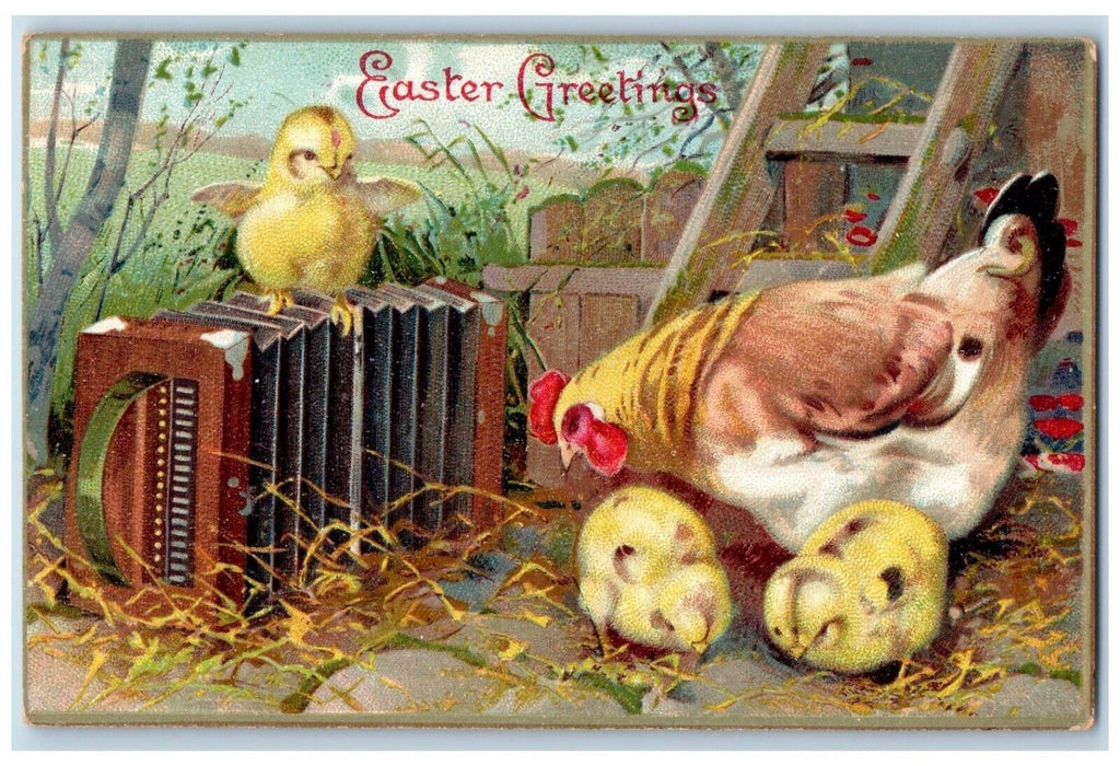 c1910's Easter Greetings Accordion Chicken Hen Chicks Embossed Antique Postcard