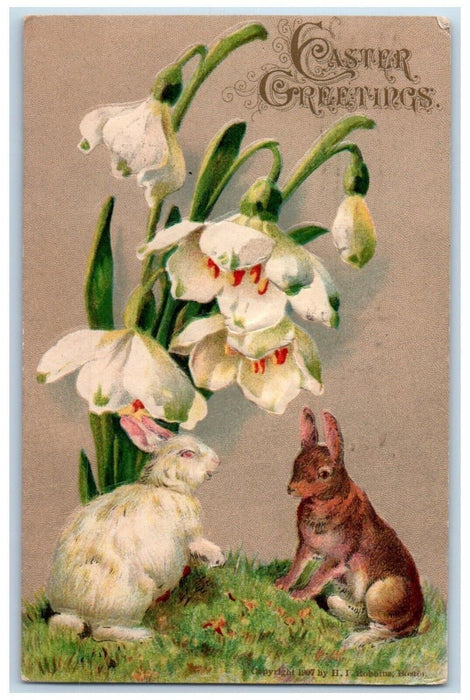1907 Easter Greetings Bunny Rabbit Lily Flowers Embossed Taunton MA Postcard