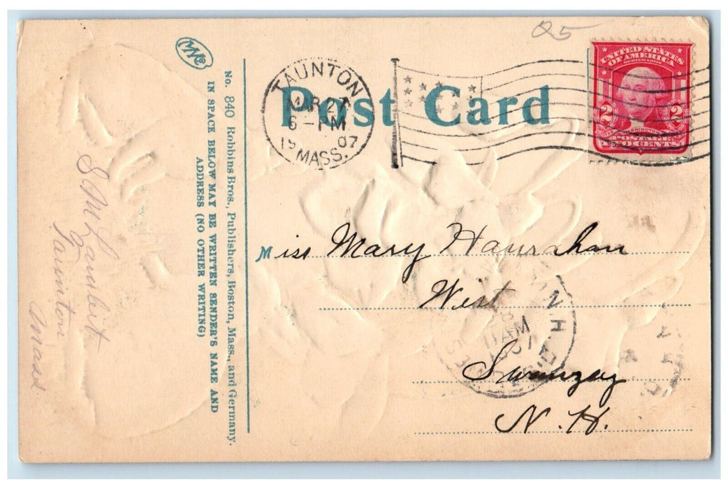 1907 Easter Greetings Bunny Rabbit Lily Flowers Embossed Taunton MA Postcard