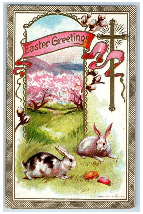 1910 Easter Greetings Holly Cross Bunny Rabbit Eggs Embossed Antique Postcard