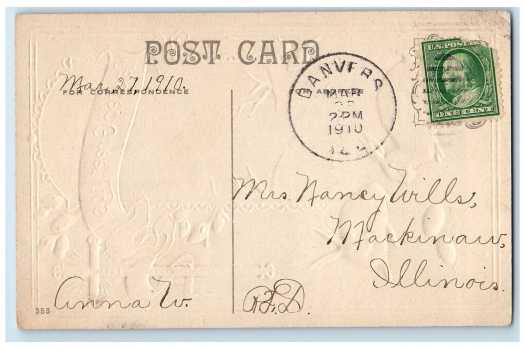 1910 Easter Greetings Holly Cross Bunny Rabbit Eggs Embossed Antique Postcard