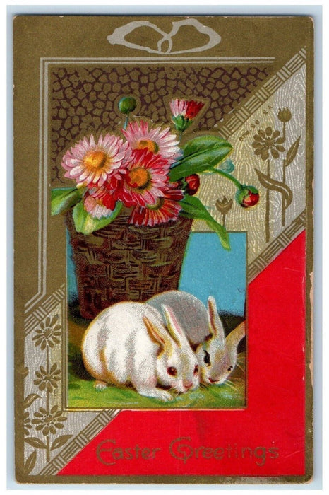 c1910's Easter Greetings Bunny Rabbit Flowers Basket Embossed Antique Postcard