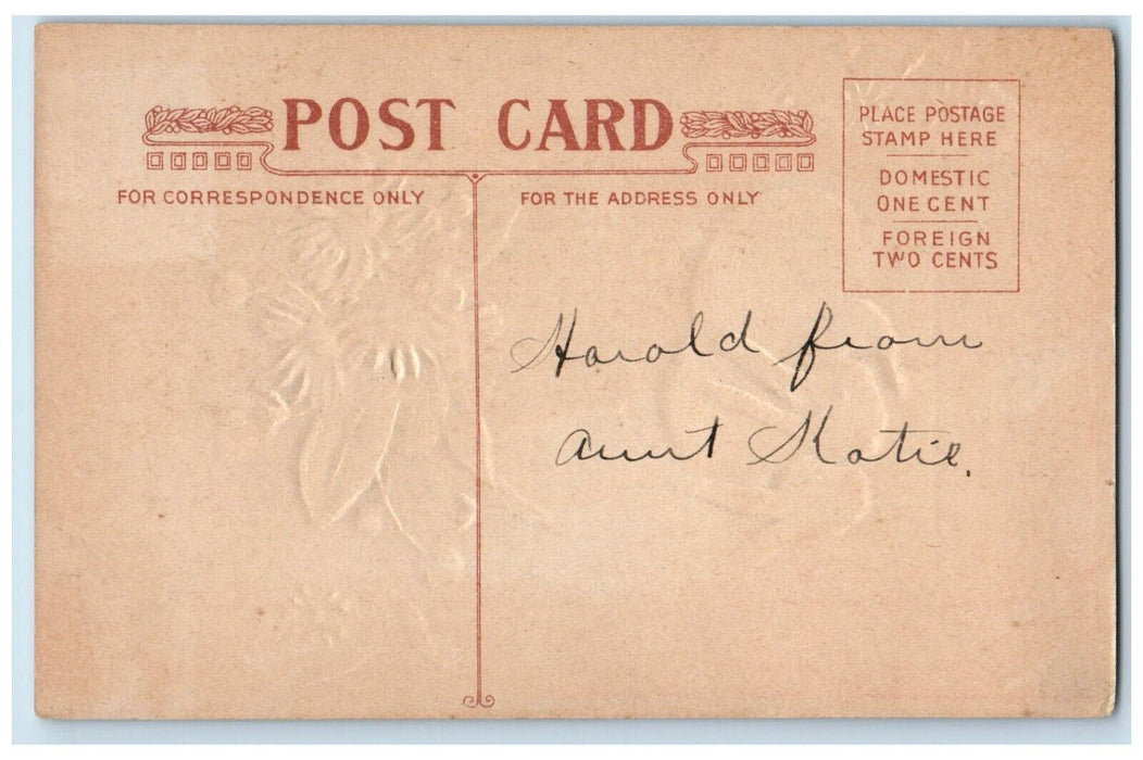c1910's Easter Greetings Bunny Rabbit Flowers Basket Embossed Antique Postcard