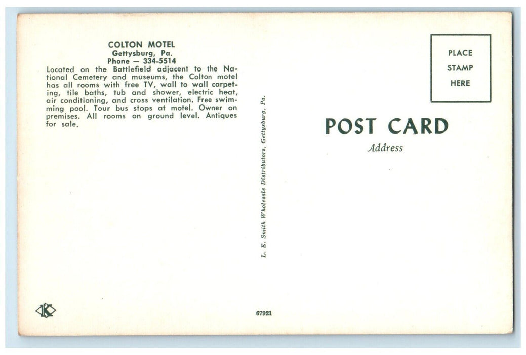 c1960 Colton Motel National Cemetery Museum Gettysburg Pennsylvania PA Postcard