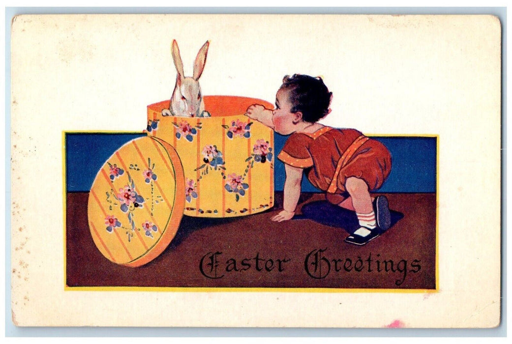 c1910's Easter Greetings Hat Box Bunny Rabbit Toddler Crawling Antique Postcard