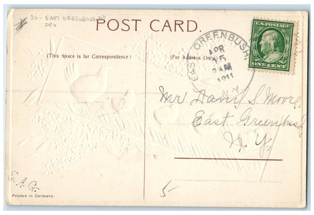 1911 Easter Greetings Chicken Hen Pansies Flowers DPO East Greenbush NY Postcard