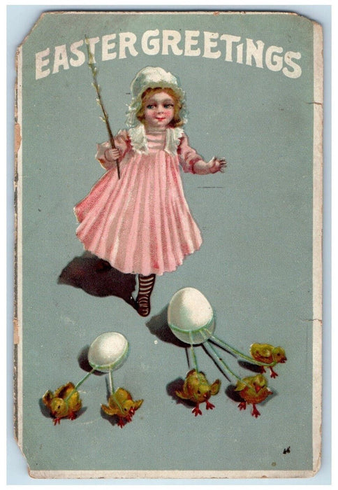 1910 Easter Greetings Little Girl Chicks Pulling Egg Posted Antique Postcard