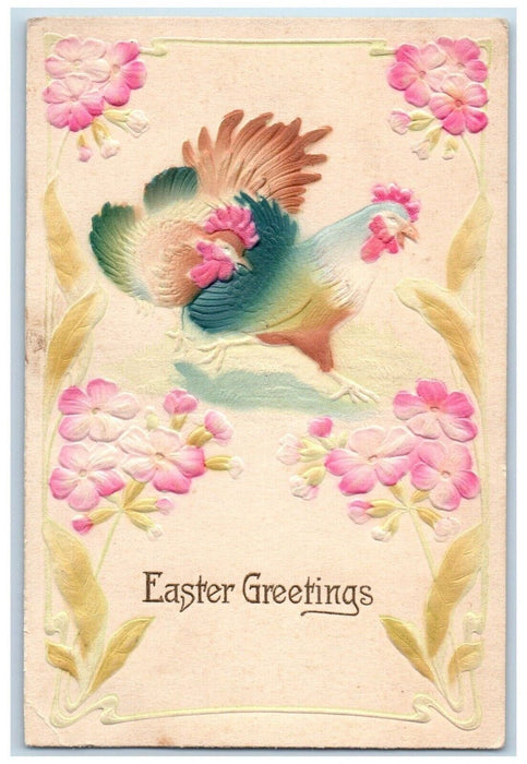 c1910's Easter Greetings Rooster Chicken Pansies Flowers Airbrushed Postcard
