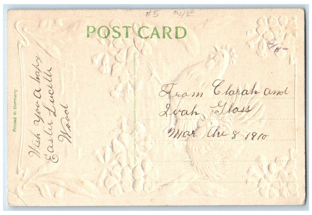 c1910's Easter Greetings Rooster Chicken Pansies Flowers Airbrushed Postcard