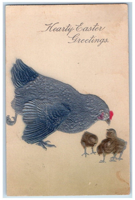 1909 Easter Greetings Chicken Hen Chicks Embossed Posted Antique Postcard