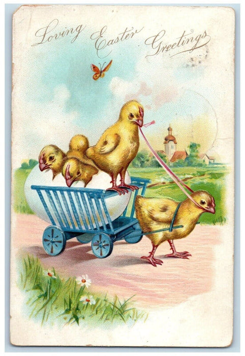 1907 Easter Greetings Chick Pulling Wagon With Egg Embossed Tuck's Postcard