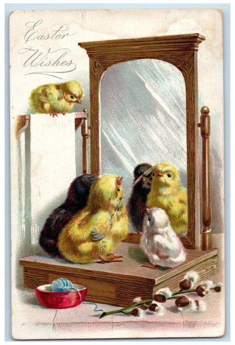 1908 Easter Wishes Mirror Chicks Bowl Yarn Tuck's Janesville WI Antique Postcard