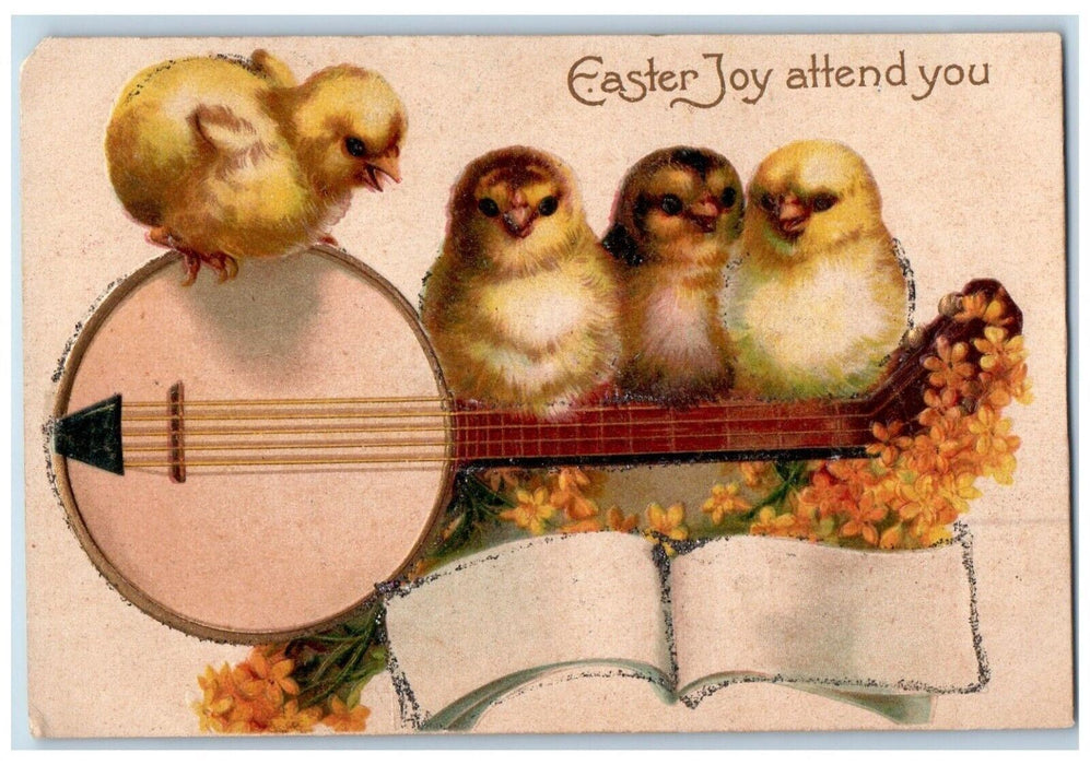 Easter Joy Chicks Playing Banjo Pansies Flowers Clapsaddle Glitter Postcard