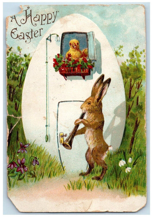 1906 Easter Anthropomorphic Rabbit Playing Clarinet Serenade Egg Chick Postcard