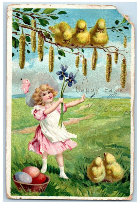 1907 Happy Easter Little Girl Flowers Chicks Eggs Chicago IL Tuck's Postcard