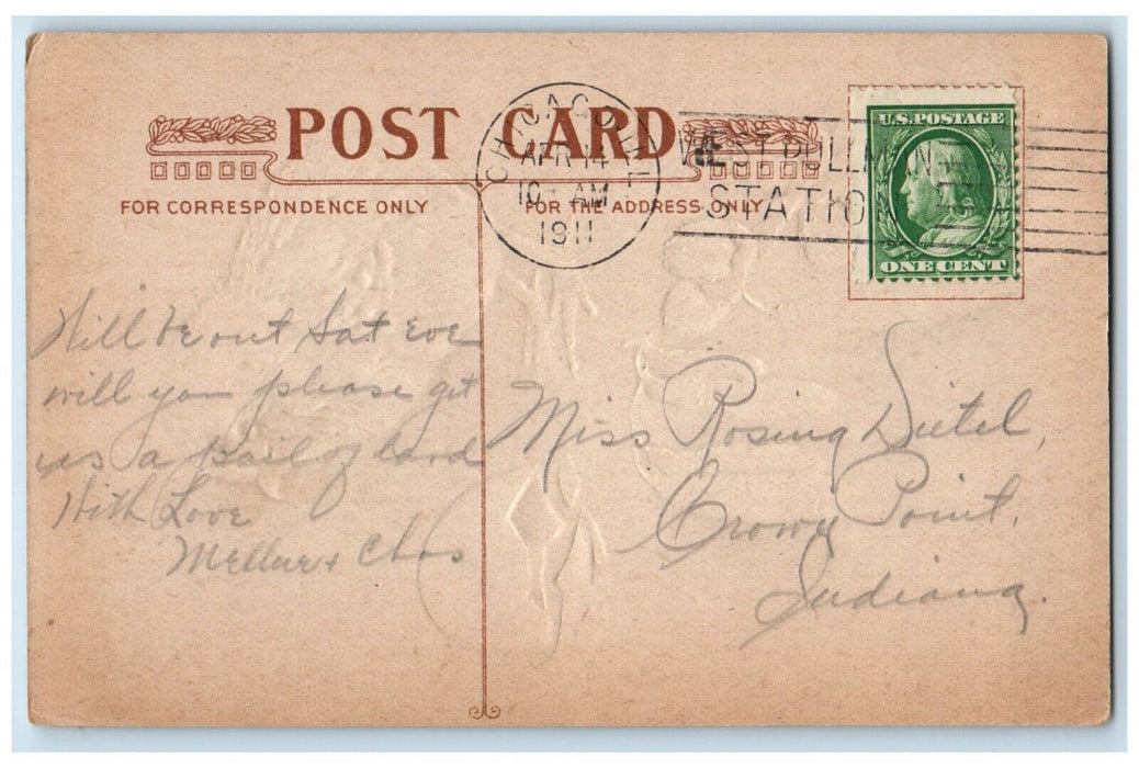 1911 Easter Greetings Hatched Egg Chicks Flowers Embossed Antique Postcard