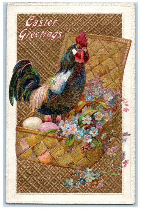 1909 Easter Greetings Rooster Eggs Pansies Flowers Embossed Antique Postcard