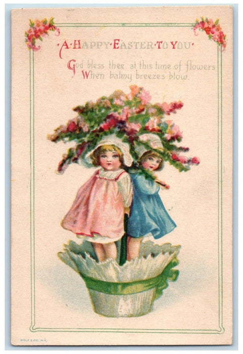 c1910's Easter Little Girls Giant Pot Flowers Wolf Posted Antique Postcard