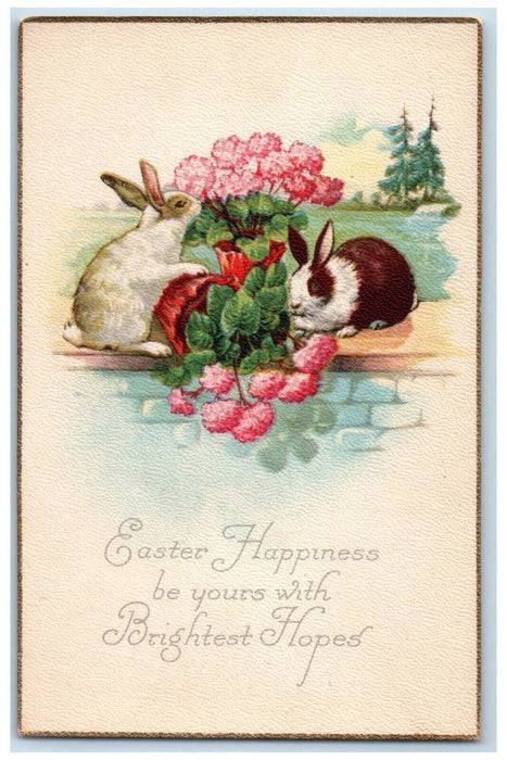 c1910's Easter Happiness Bunny Rabbits Flowers Pots Unposted Antique Postcard