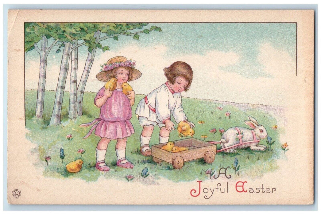 c1910's Easter Children Caching Chicks Bunny Rabbit Pulling Wagon Postcard