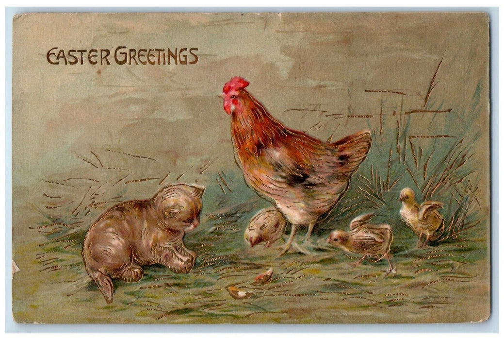1909 Easter Greetings Cat Kitten Chicken Hen Chicks Hatched Egg Antique Postcard