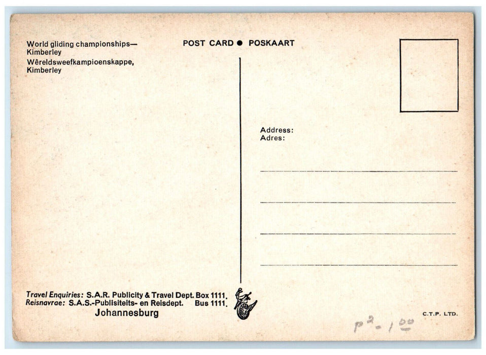 c1950's World Gliding Championships Kimberley South Africa Unposted Postcard