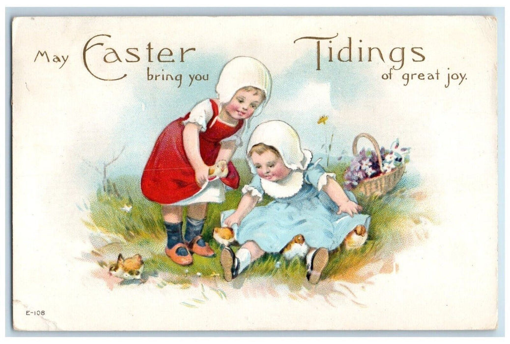 c1910's Easter Girls Playing With Chicks Pansies Flowers Tomah WI Postcard