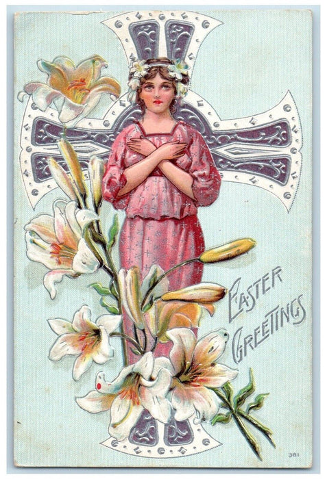 1912 Easter Greetings Holly Cross Angel Lily Flowers Embossed Antique Postcard