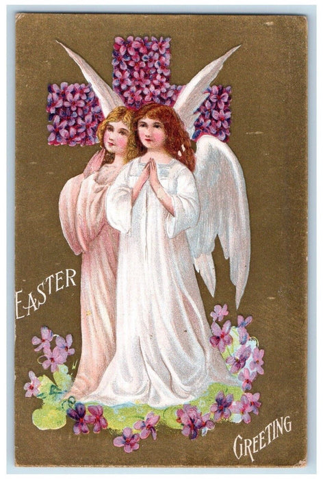 1910 Easter Greetings Holly Cross Angels Pansies Flowers Embossed Postcard