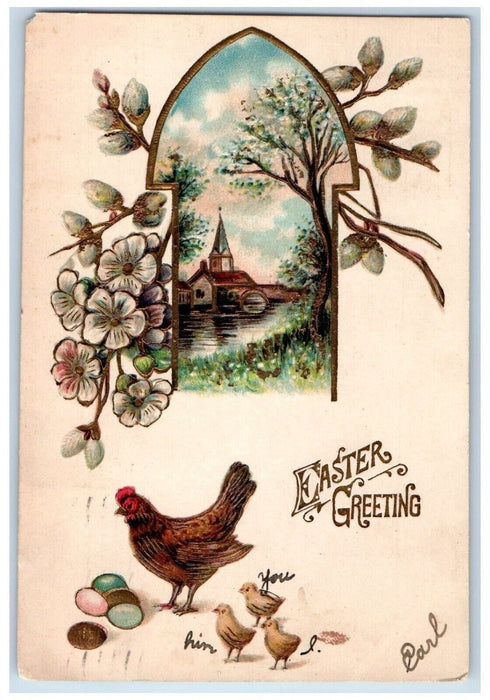 c1910's Easter Greetings Chicken Hen Chicks Flowers Embossed Antique Postcard