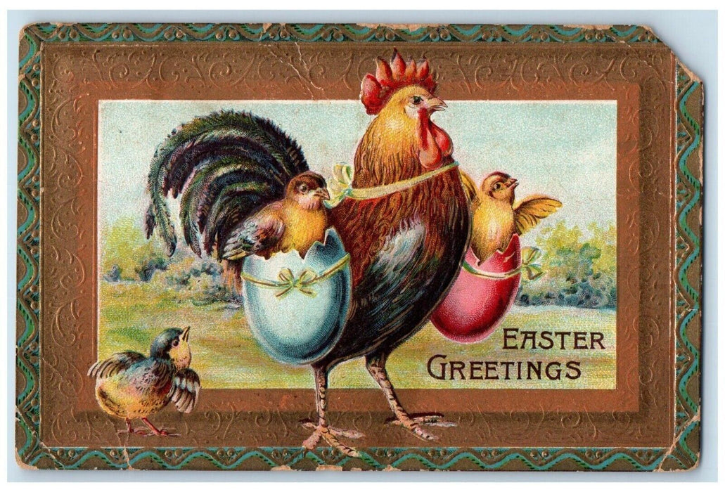 c1910's Easter Greetings Rooster Hatched Eggs Embossed Posted Antique Postcard